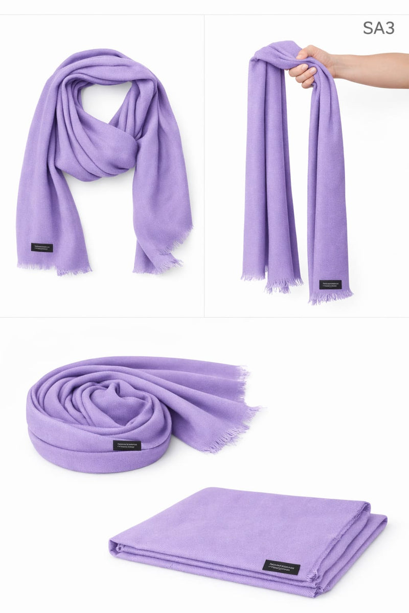 Product showcase of a Lavender Purple mixed cashmere scarf (SA Series) featuring hand-finished fringe and a 135-gram textured weave.