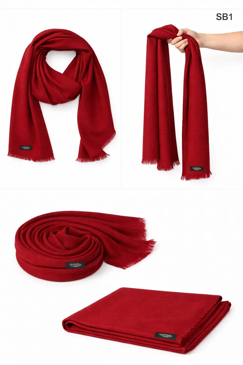 Crimson Red SB Series scarf made of 60% mixed cashmere, 70g lightweight weave with hand-finished fringe.