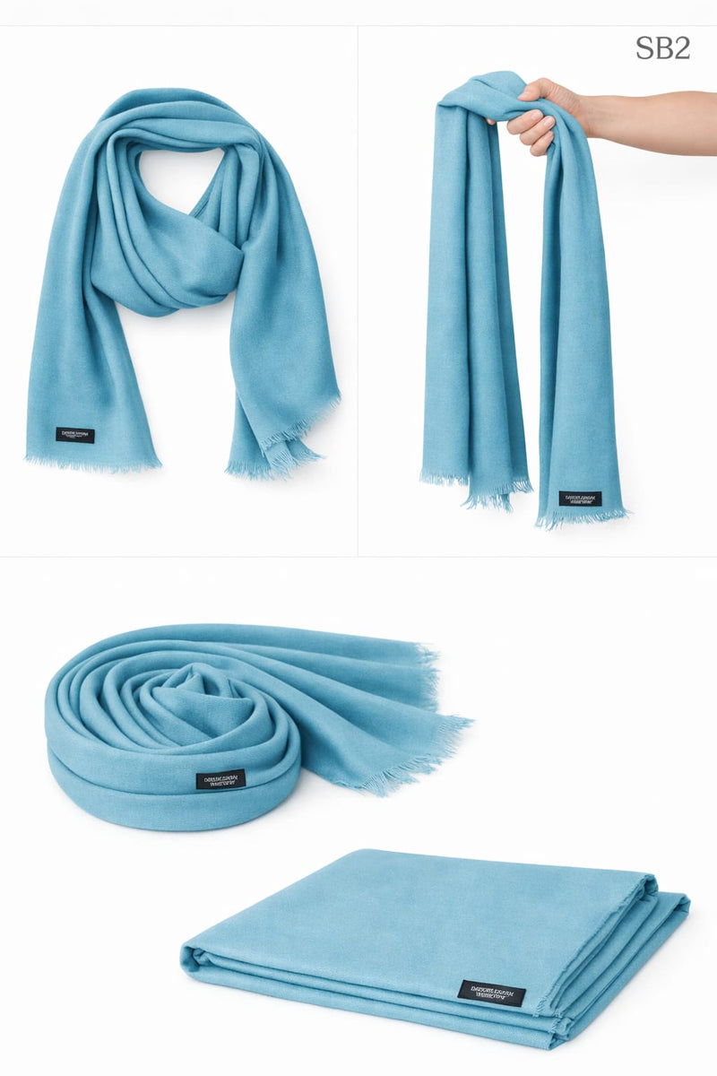 Cyan Blue lightweight cashmere blend scarf (SB Series) shown draped and folded on a white background.