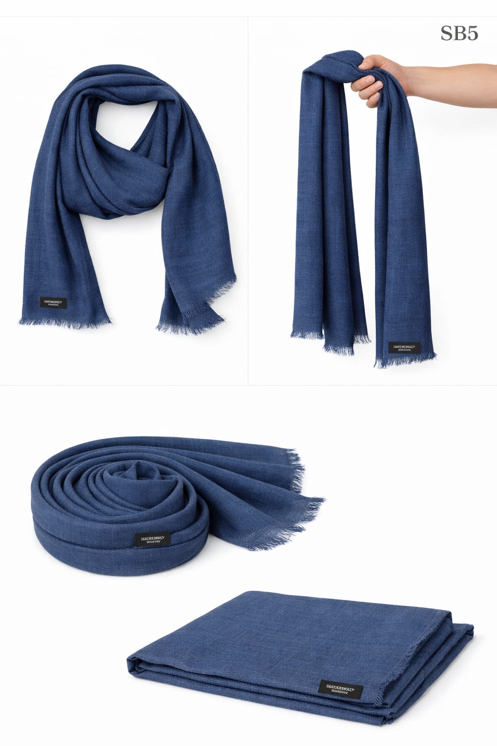 Navy Blue handcrafted mixed cashmere scarf from the SB Series collection with black artisan labeling.