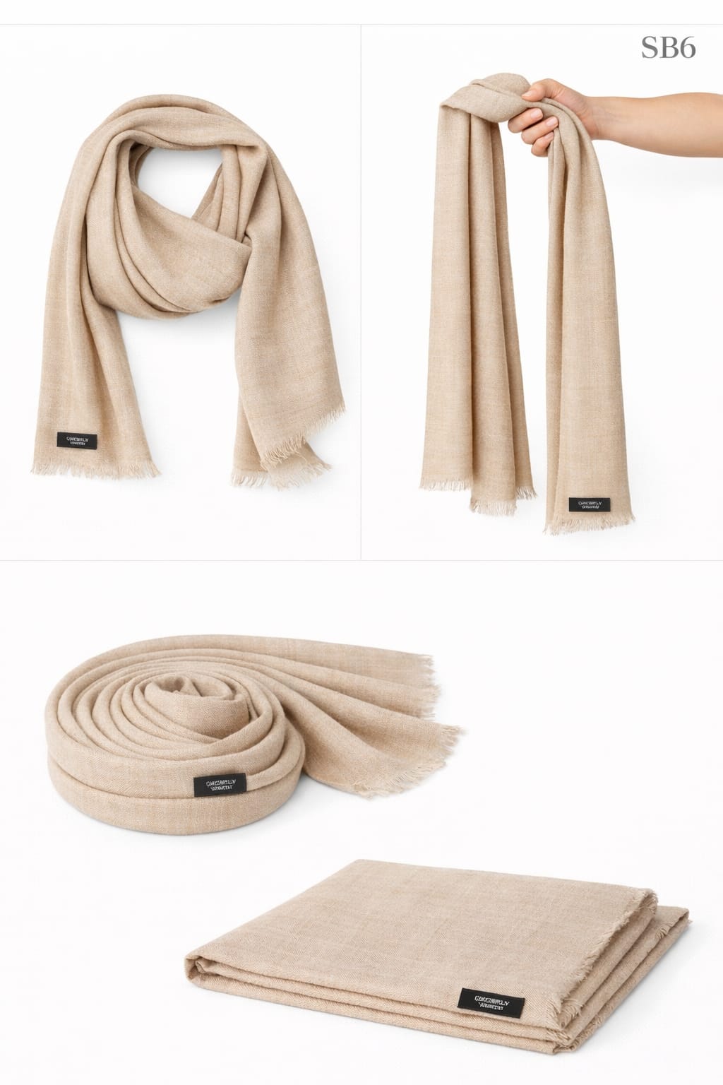 Beige Sand neutral tone cashmere blend wrap, SB Series, ideal for seasonal layering.