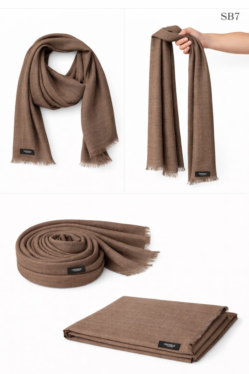 Taupe Brown SB Series mixed cashmere scarf featuring a refined weave and delicate fringed edges.