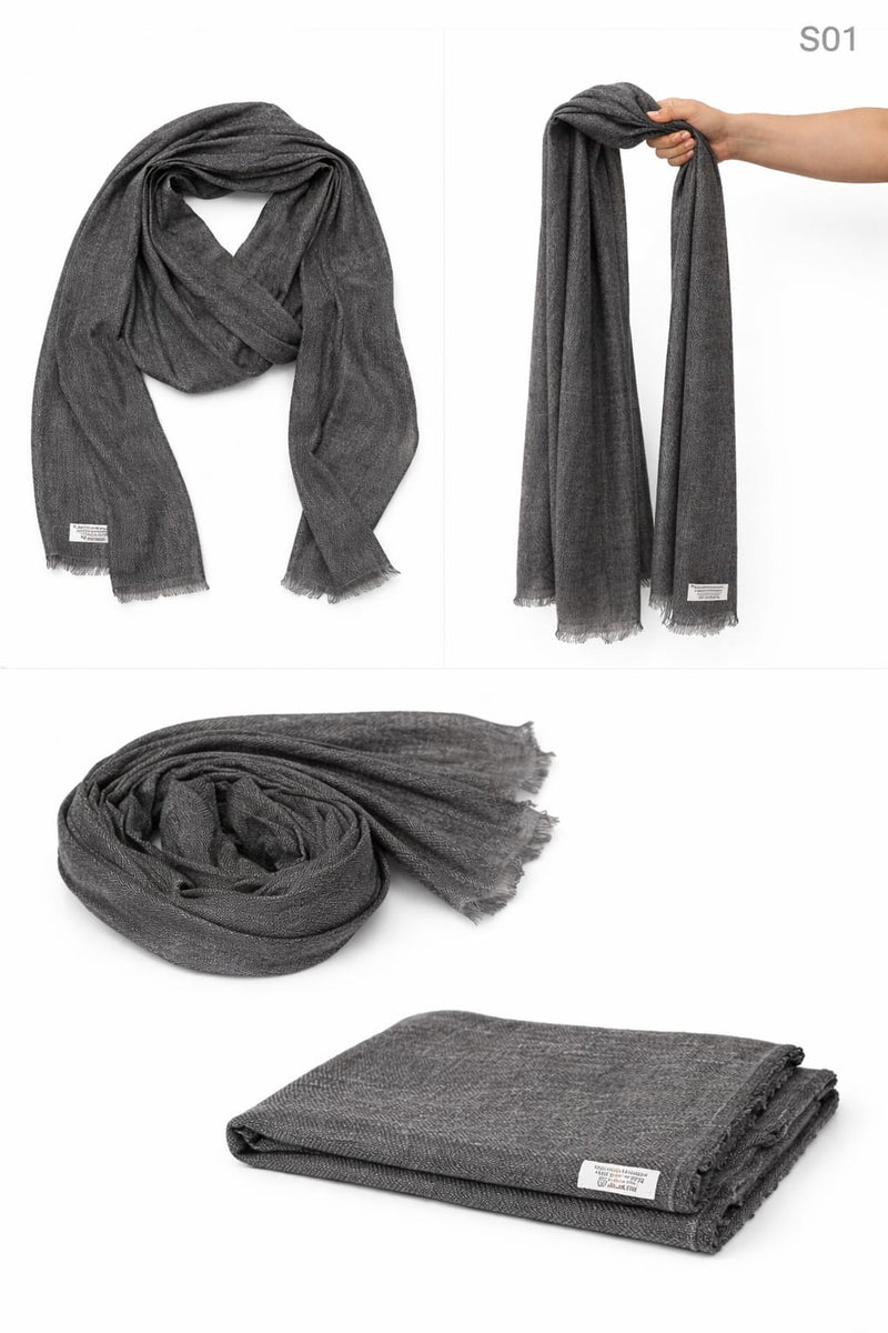 Herringbone Charcoal SO Series mixed cashmere scarf featuring a classic textured weave, 135g weight, and hand-finished fringe.