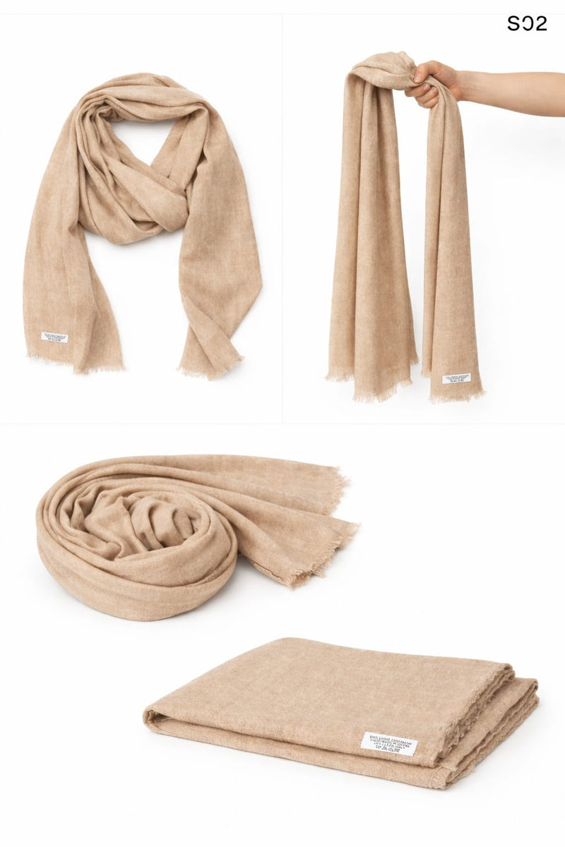 Toasted Almond warm neutral mixed cashmere wrap (SO Series) shown in multiple professional angles: draped, held, and folded.