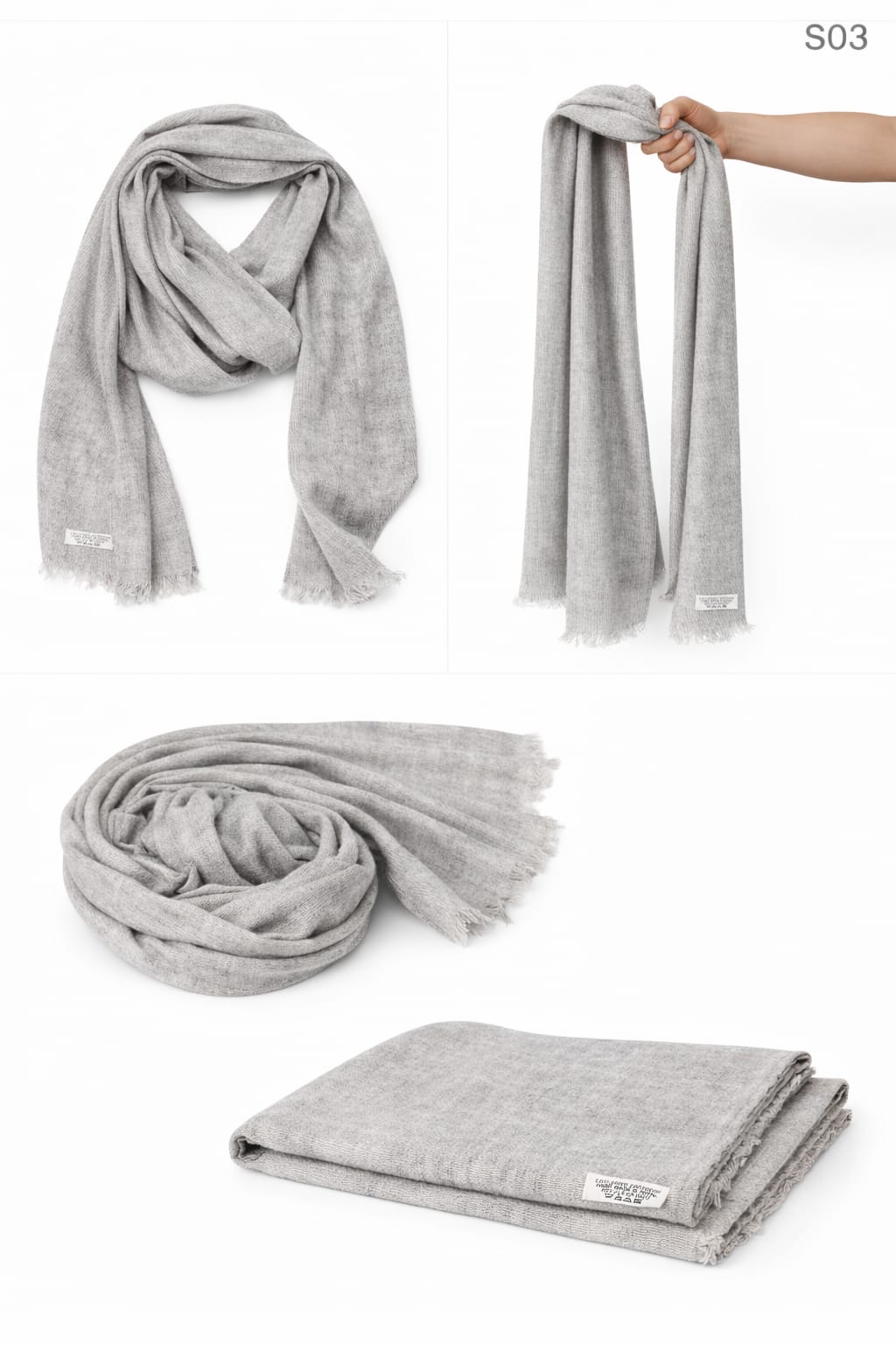 Heather Grey handcrafted 135g mixed cashmere scarf from the SO Series, offering a soft textured look and durable warmth.