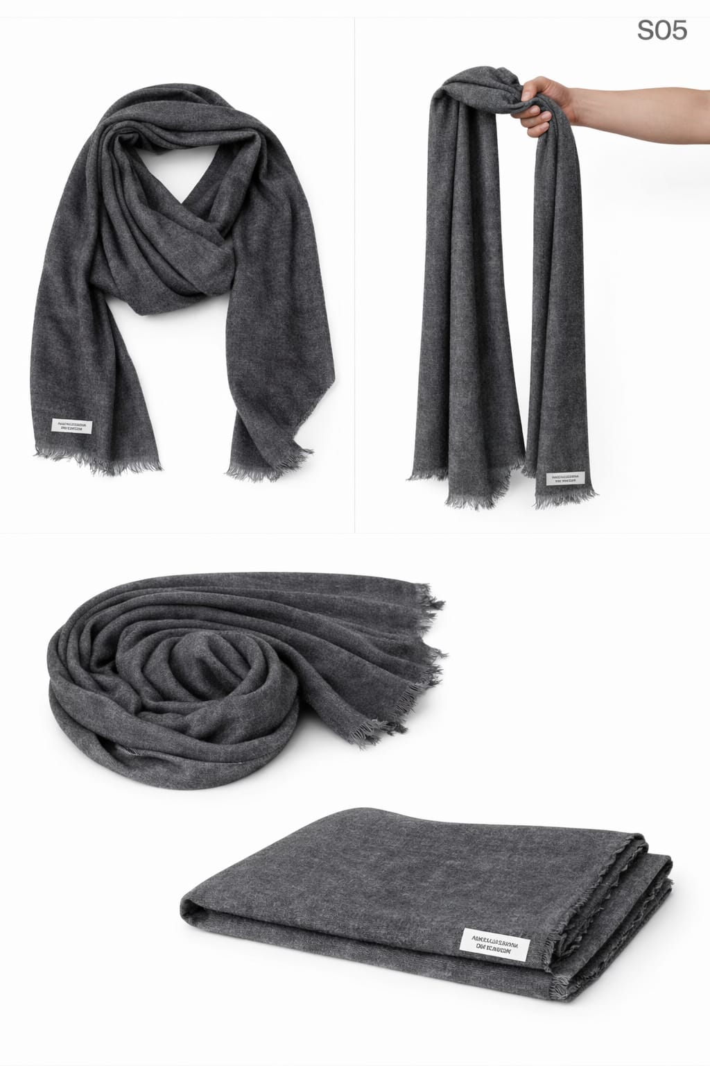 Slate Grey deep neutral mixed cashmere wrap, SO Series collection, featuring a substantial 135-gram weight and artisan labeling.