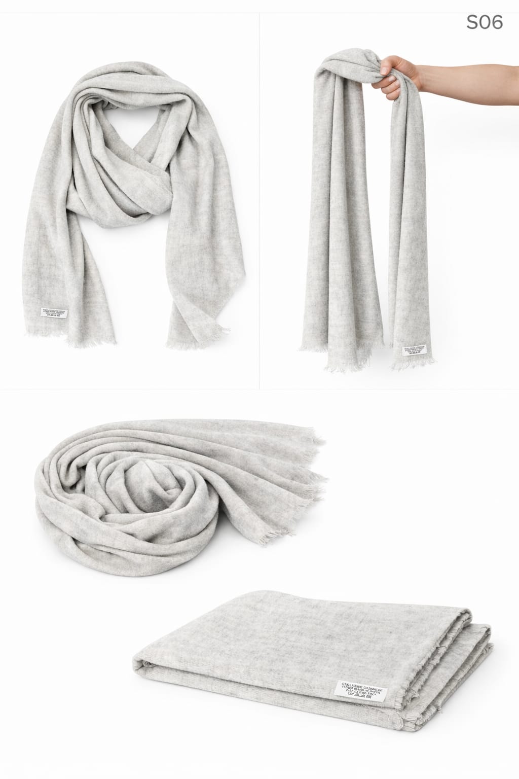 Pearl Grey bright neutral cashmere blend scarf from the SO Series, showcasing a soft finish and delicate fringed edges.