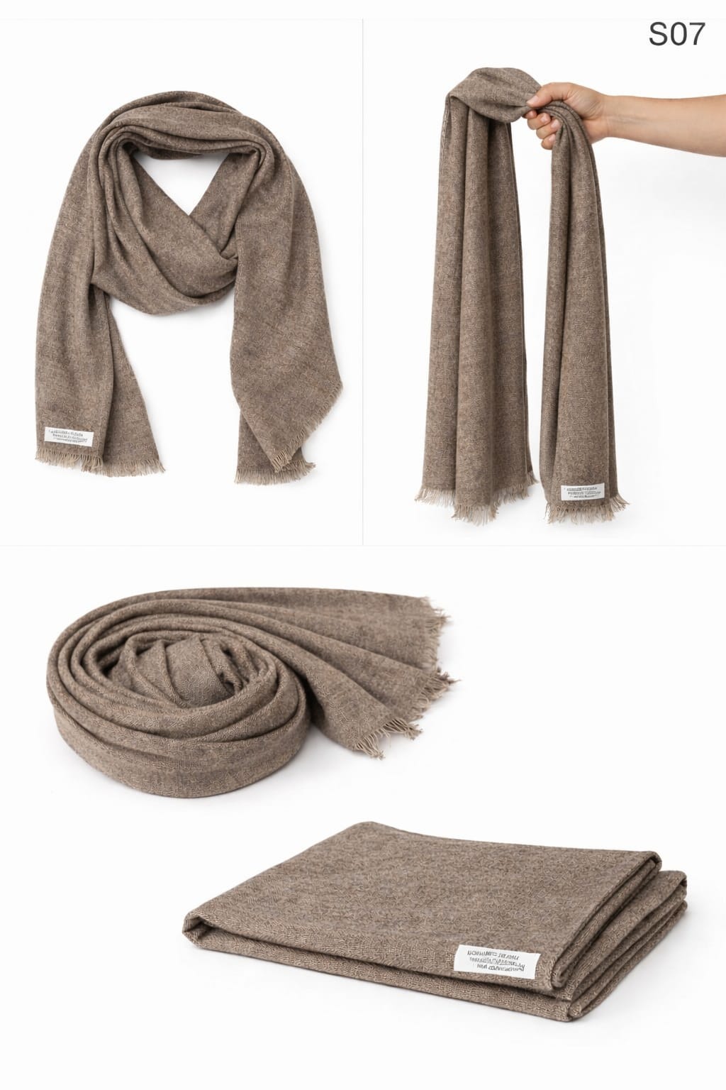 Muted Taupe earthy-toned mixed cashmere scarf (SO Series) with a focus on its high-quality textured weave and 70x200 cm dimensions.
