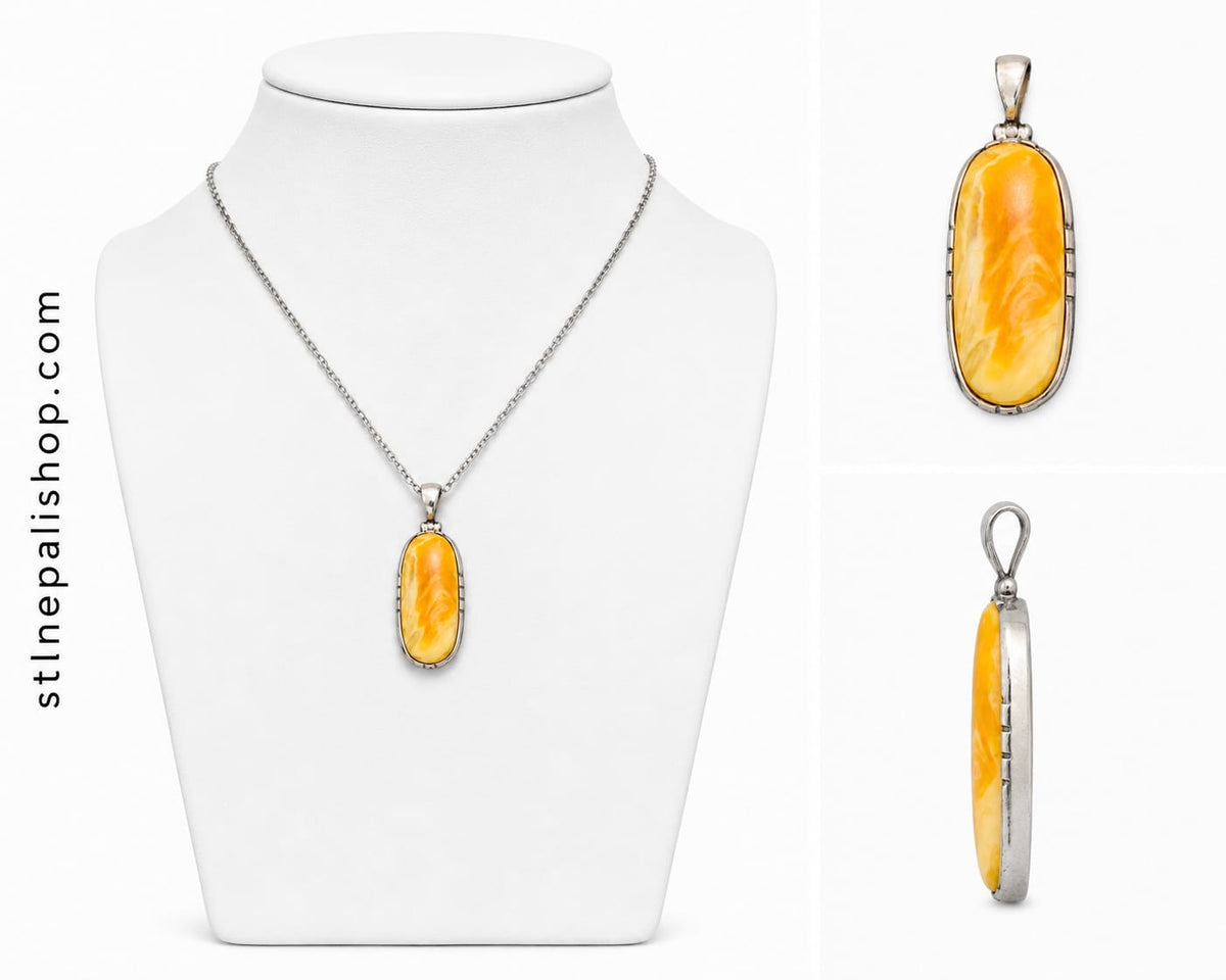 Natural Amber Long Oval Pendant