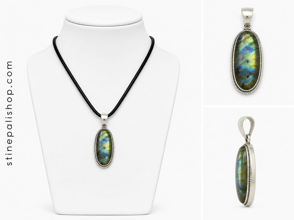 Natural Labradorite Long Oval Pendant